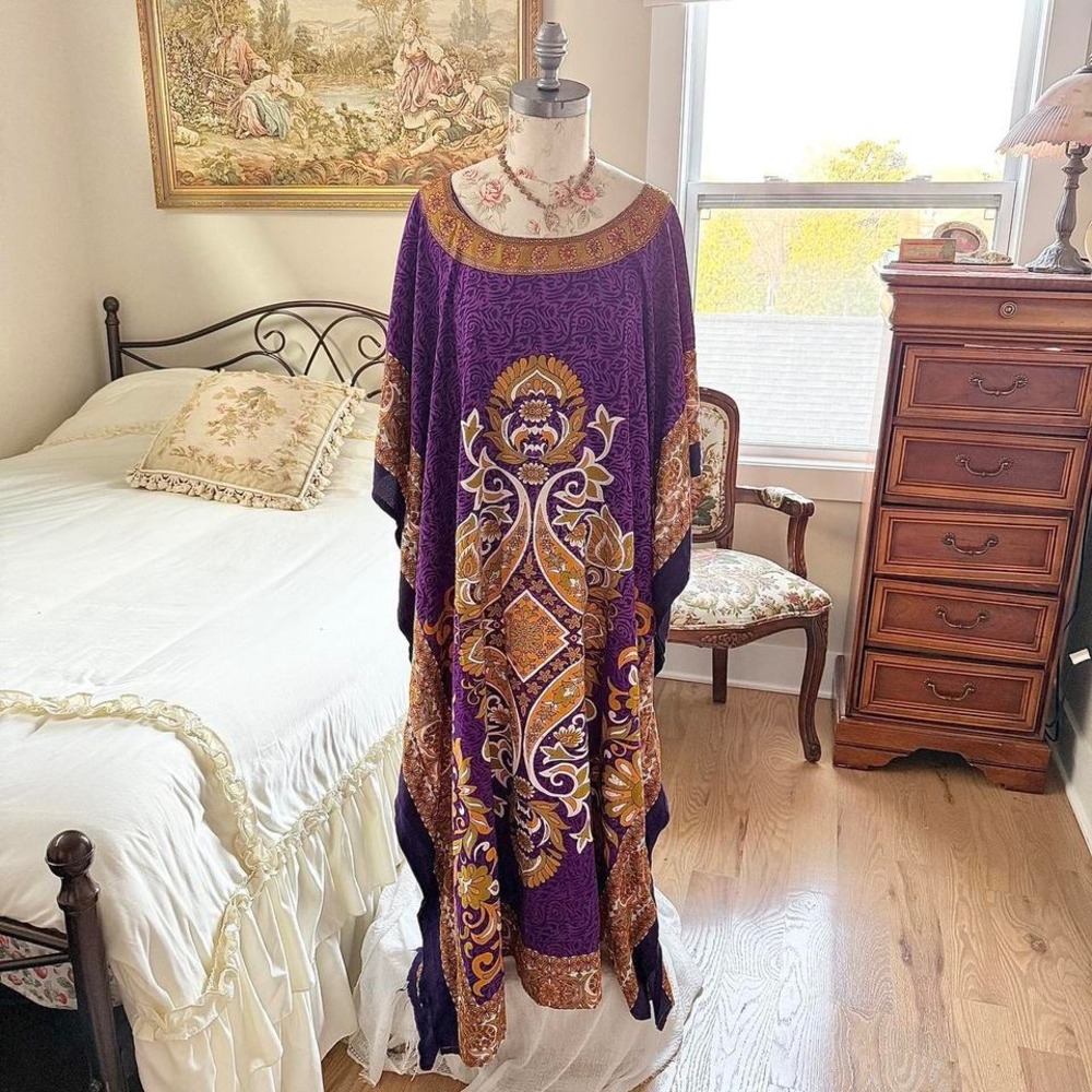 purple boho‎ kaftan  70s sante classics one size bohemian folk print f